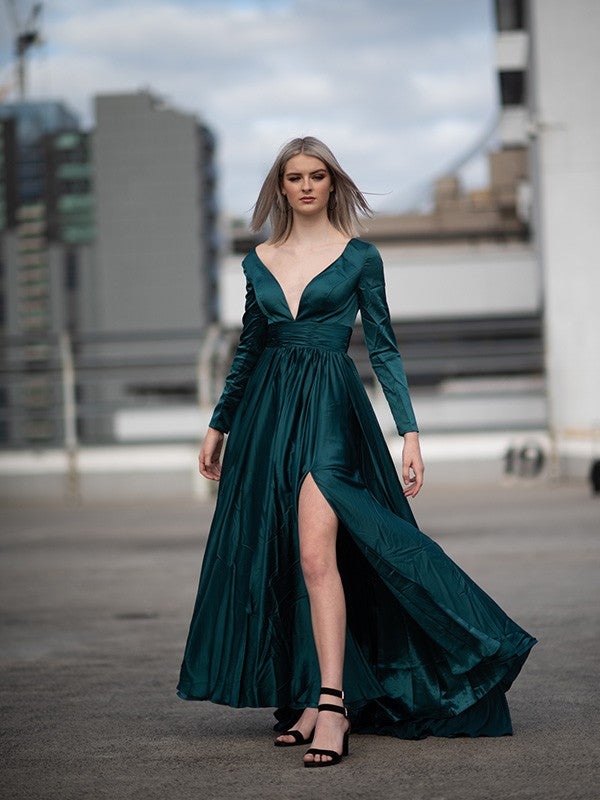 A-Line V-Neck Satin Long Sleeve Ruffled Floor-Length Dress - Chloe Dress