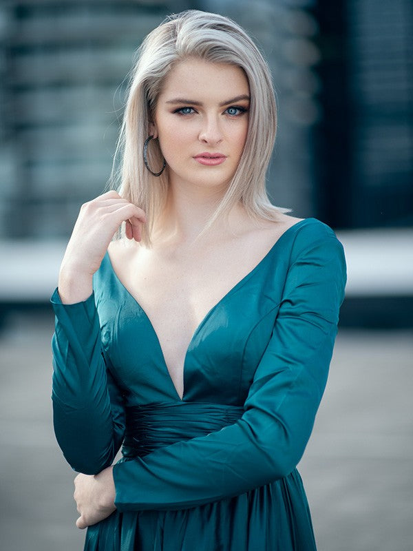 A-Line V-Neck Satin Long Sleeve Ruffled Floor-Length Dress - Chloe Dress