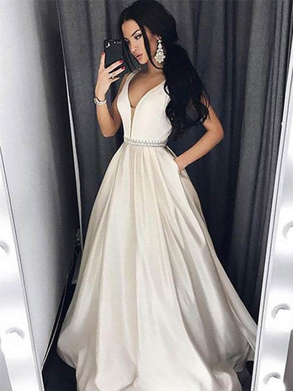 A-Line V-Neck Satin Sleeveless Train Dress - Chloe Dress
