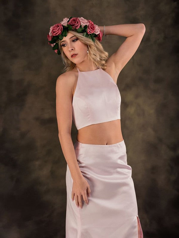 A-Line Halter Satin Sleeveless Ruffled Dress - Chloe Dress