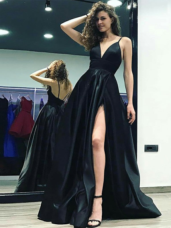 A-Line V-Neck Satin Sleeveless Ruffled Floor-Length Dress - Chloe Dress