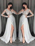 A-Line V-Neck Chiffon Long Sleeve Train Dress - Chloe Dress
