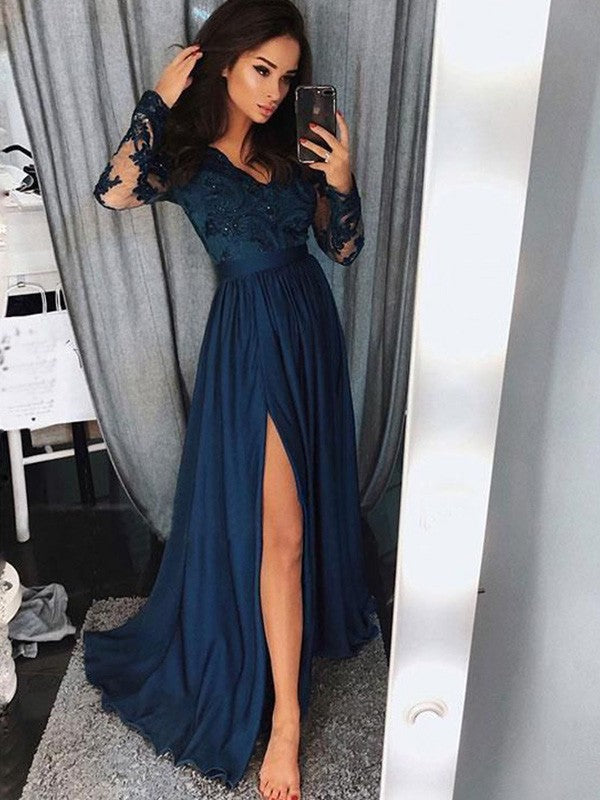 A-Line V-Neck Satin Long Sleeve Train Dress - Chloe Dress