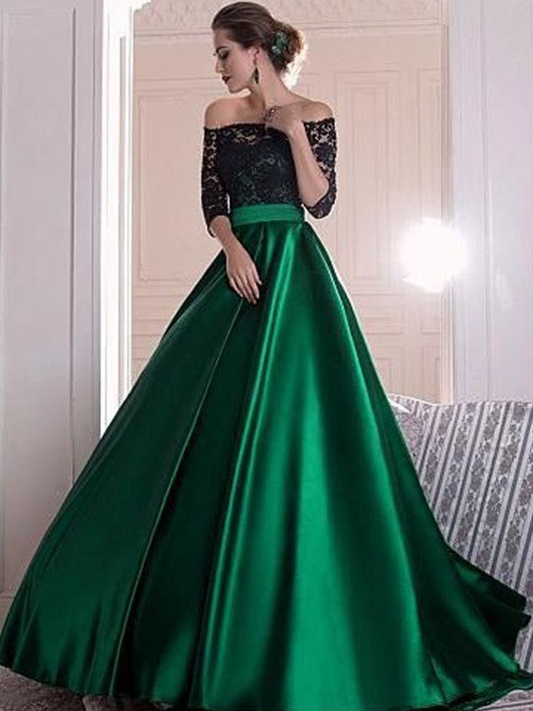 A-Line Satin Three-Quarter Sleeve Train Dress - Chloe Dress