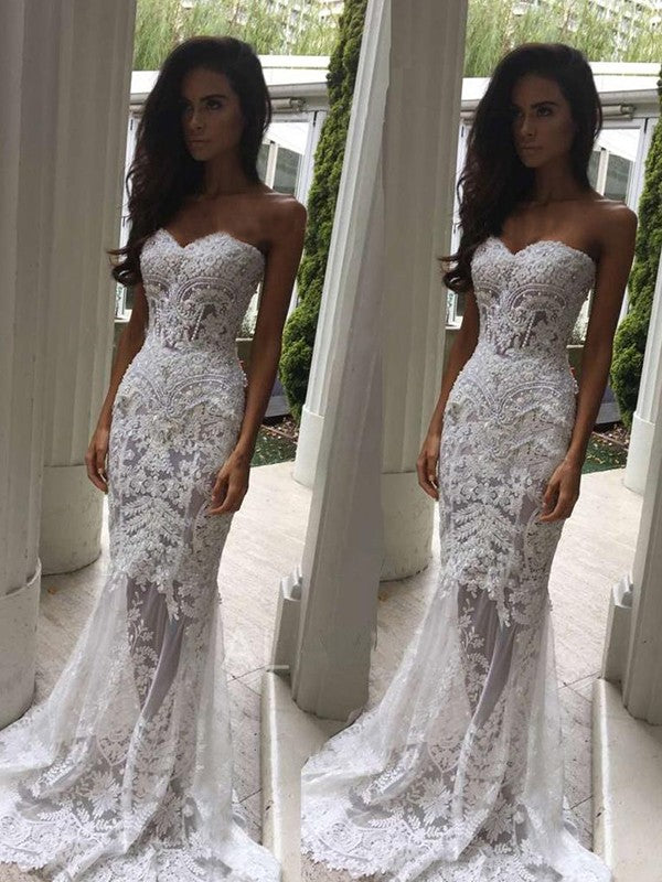Mermaid Sweetheart Lace Sleeveless Train Wedding Dress - Chloe Dress