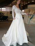 A-Line V-Neck Satin Long Sleeve Train Wedding Dress - Chloe Dress