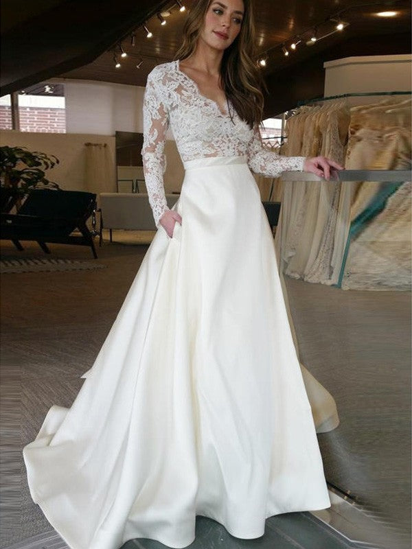 A-Line V-Neck Satin Long Sleeve Train Wedding Dress - Chloe Dress