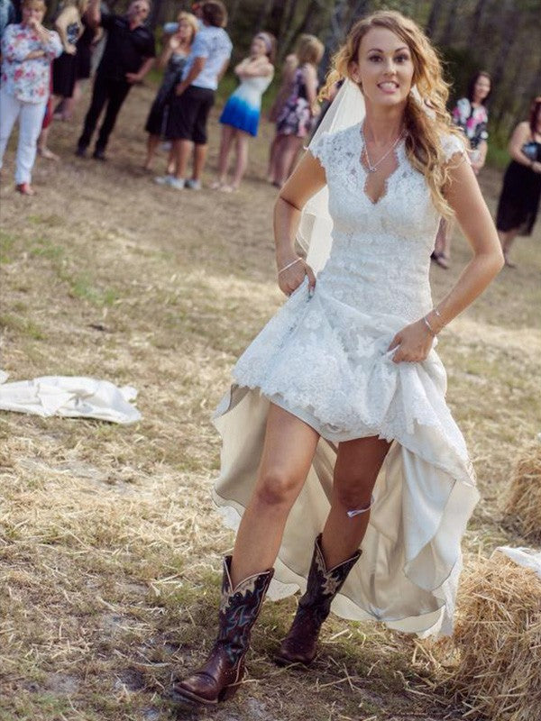 Sheath V-Neck Lace Short Sleeve Train Mini Wedding Dress - Chloe Dress