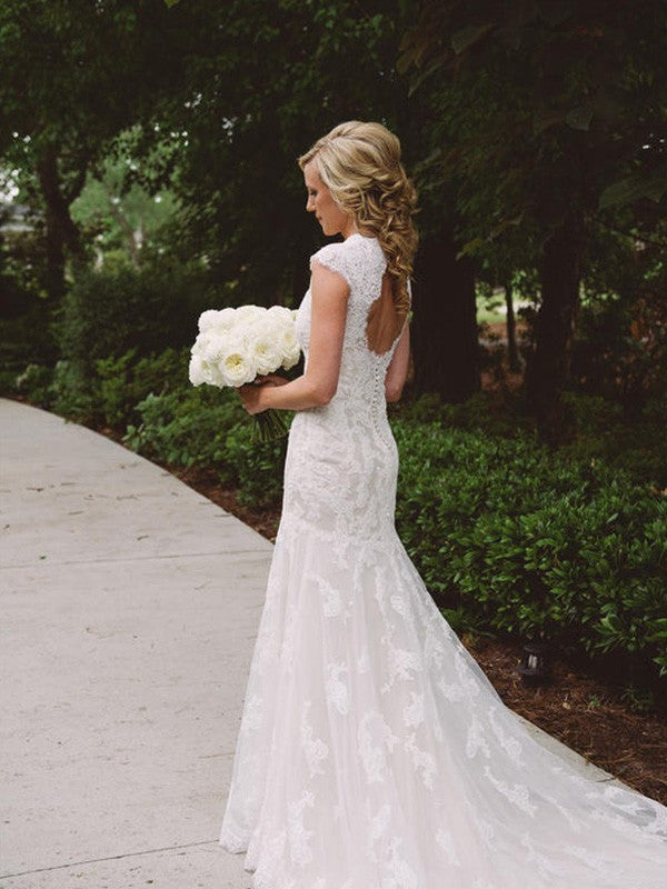Sheath V-Neck Lace Short Sleeve Train Mini Wedding Dress - Chloe Dress