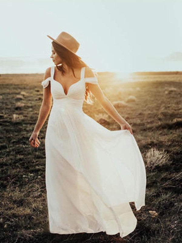 A-Line V-Neck Chiffon Short Sleeve Ruffled Floor-Length Wedding Dress - Chloe Dress