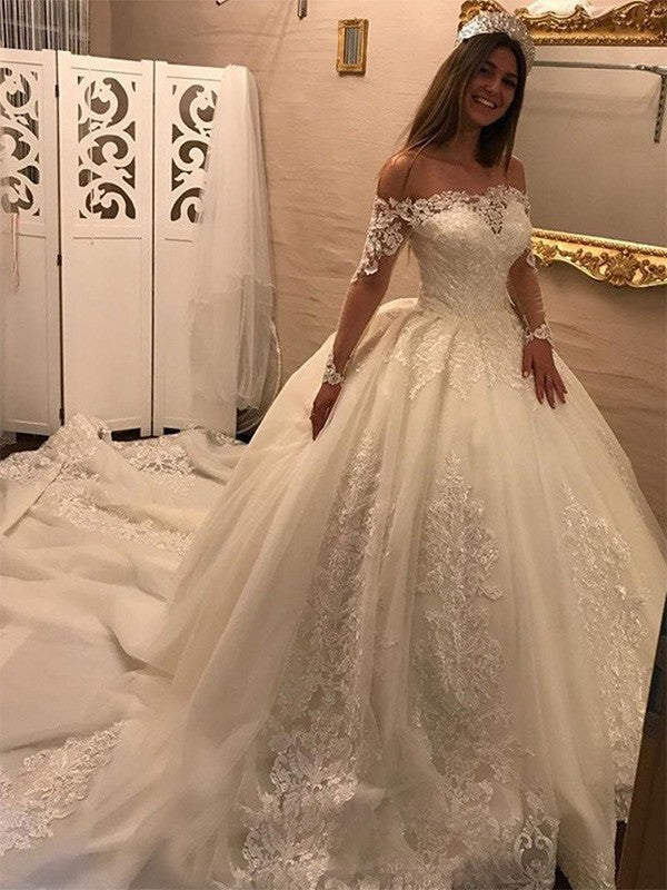 Ball Gown Tulle Long Sleeve Train Wedding Gown - Chloe Dress