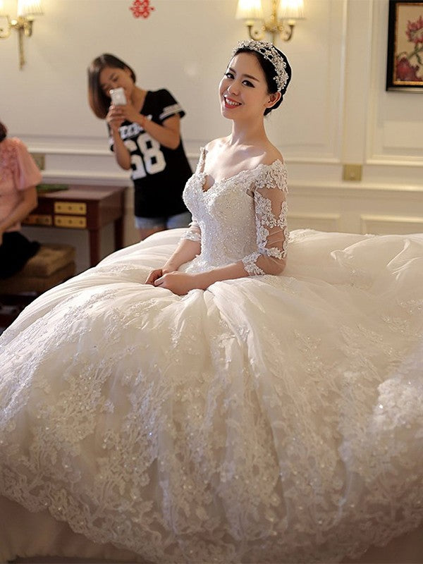 Ball Gown Tulle Three-Quarter Sleeve Train Wedding Gown - Chloe Dress