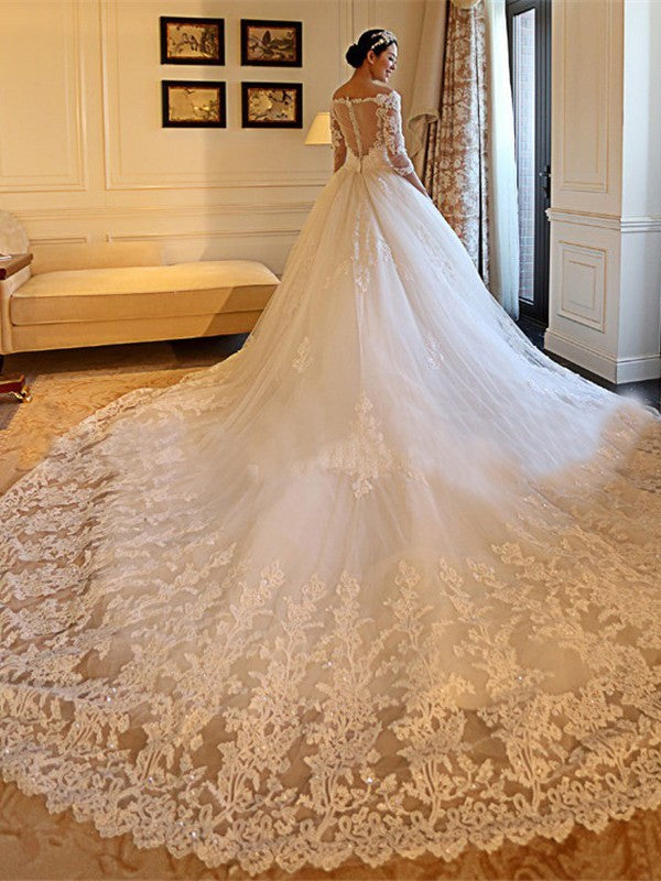 Ball Gown Tulle Three-Quarter Sleeve Train Wedding Gown - Chloe Dress