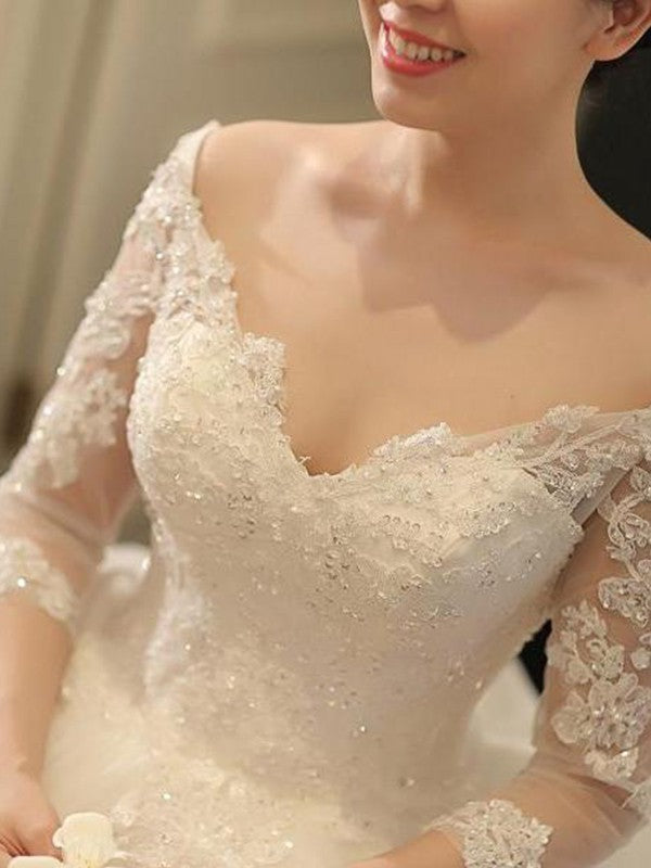 Ball Gown Tulle Three-Quarter Sleeve Train Wedding Gown - Chloe Dress