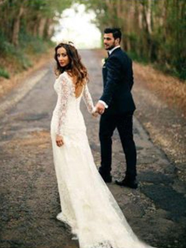 Sheath V-Neck Lace Long Sleeve Train Wedding Dress - Chloe Dress