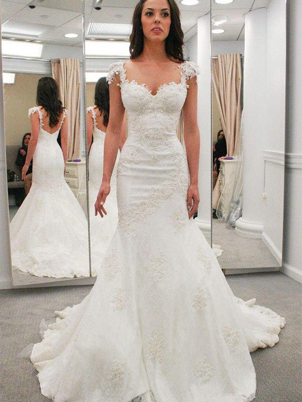 Mermaid Sweetheart Lace Short Sleeve Train Mini Wedding Dress - Chloe Dress