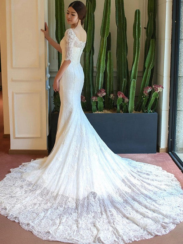 Mermaid Square Neck Lace Train Wedding Dress - Chloe Dress