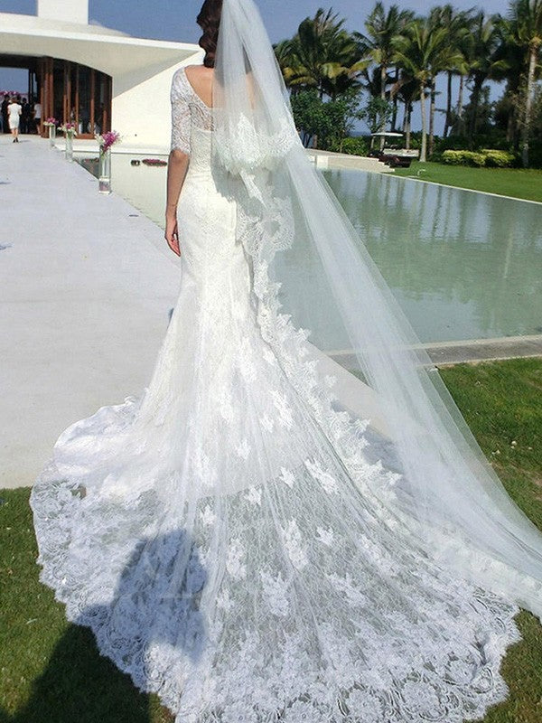 Mermaid Square Neck Lace Train Wedding Dress - Chloe Dress