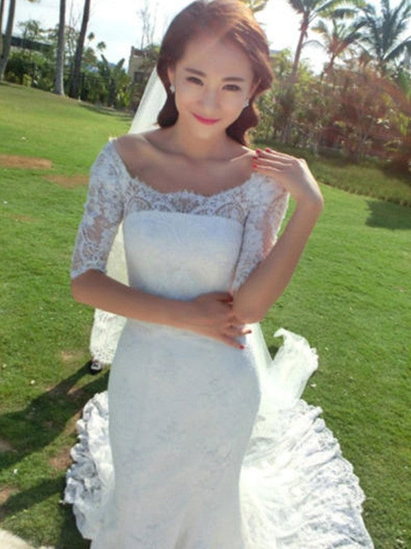 Mermaid Square Neck Lace Train Wedding Dress - Chloe Dress
