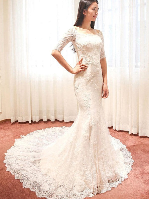 Mermaid Square Neck Lace Train Wedding Dress - Chloe Dress