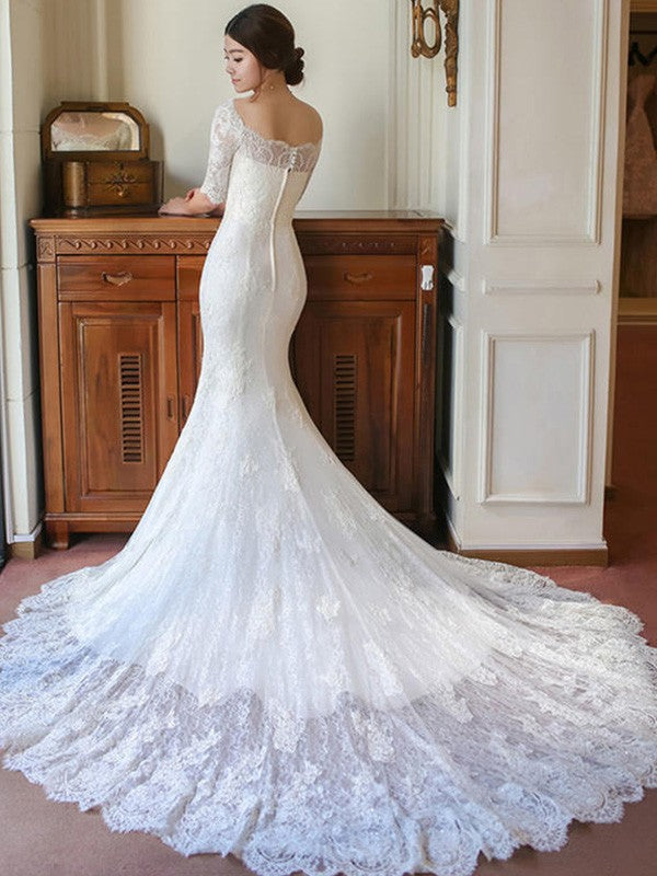 Mermaid Square Neck Lace Train Wedding Dress - Chloe Dress