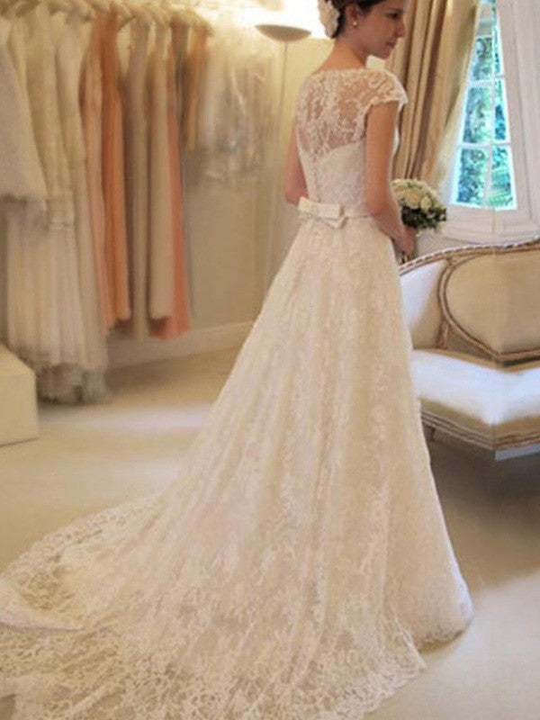 A-Line Square Neck Lace Short Sleeve Train Mini Wedding Dress - Chloe Dress