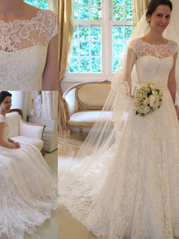 A-Line Square Neck Lace Short Sleeve Train Mini Wedding Dress - Chloe Dress
