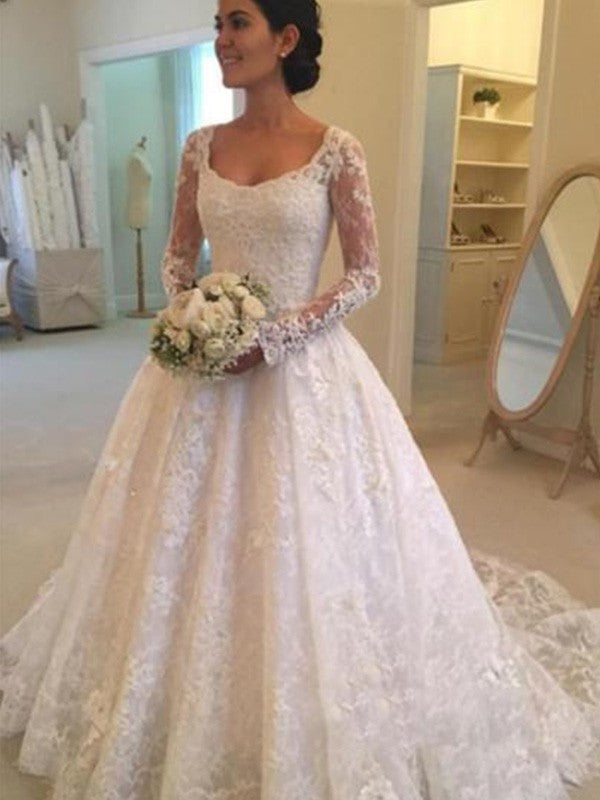 Ball Gown Lace Long Sleeve Ruffled Wedding Gown - Chloe Dress