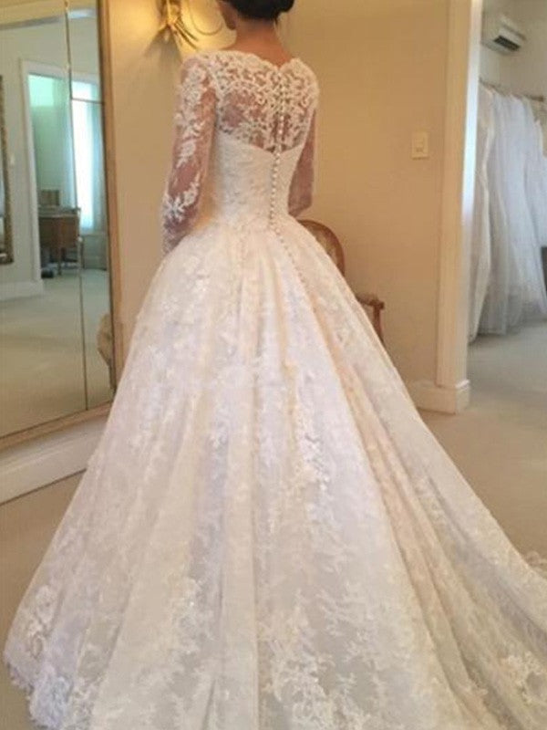 Ball Gown Lace Long Sleeve Ruffled Wedding Gown - Chloe Dress