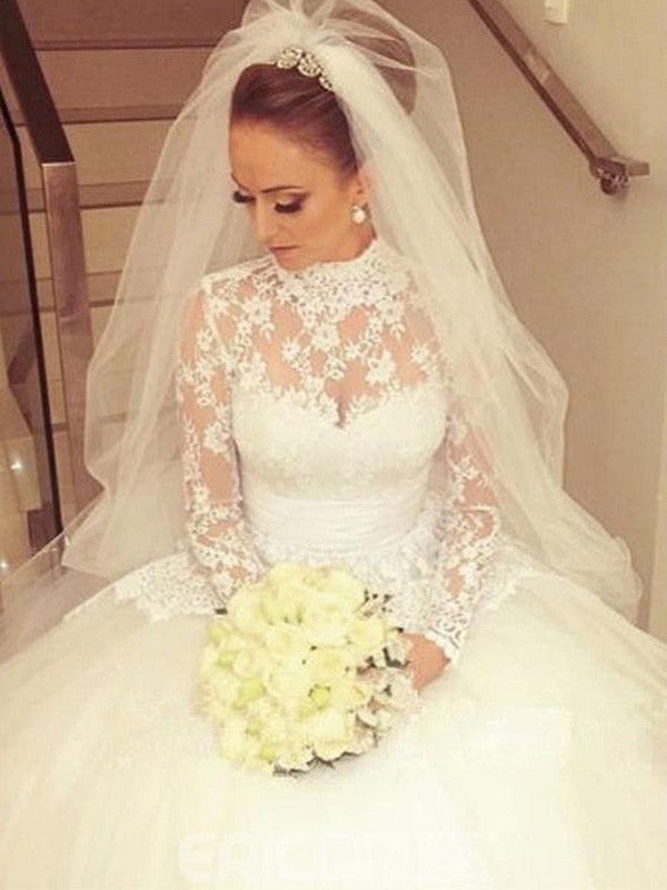 Ball Gown High Neck Lace Long Sleeve Train Wedding Gown - Chloe Dress