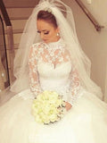 Ball Gown High Neck Lace Long Sleeve Train Wedding Gown - Chloe Dress