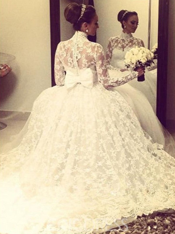 Ball Gown High Neck Lace Long Sleeve Train Wedding Gown - Chloe Dress
