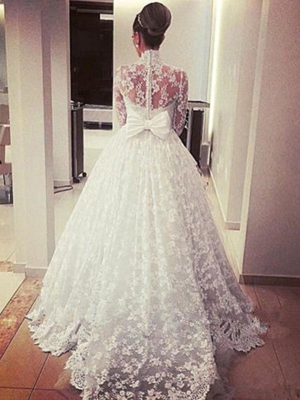 Ball Gown High Neck Lace Long Sleeve Train Wedding Gown - Chloe Dress