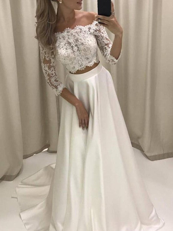 A-Line Satin Three-Quarter Sleeve Train Wedding Dress - Chloe Dress