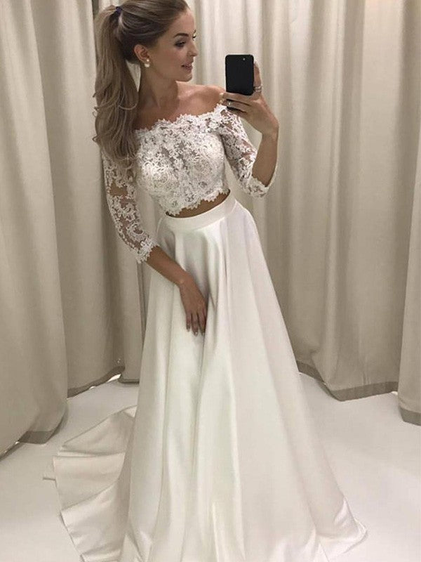 A-Line Satin Three-Quarter Sleeve Train Wedding Dress - Chloe Dress