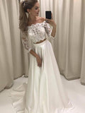 A-Line Satin Three-Quarter Sleeve Train Wedding Dress - Chloe Dress