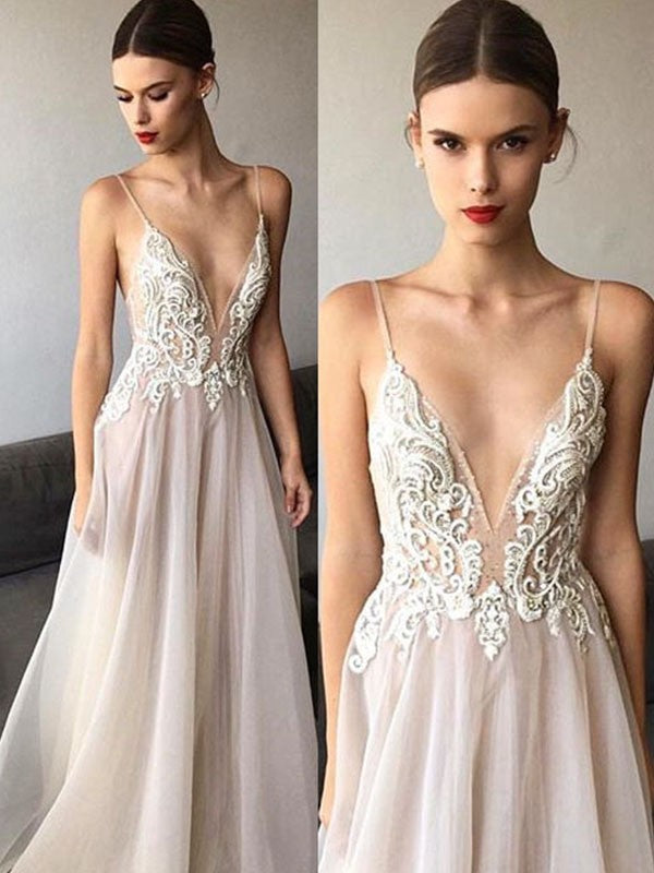 A-Line V-Neck Lace Sleeveless Train Wedding Dress - Chloe Dress