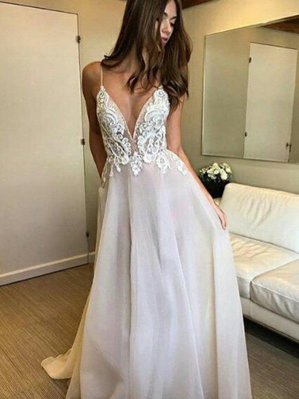 A-Line V-Neck Lace Sleeveless Train Wedding Dress - Chloe Dress