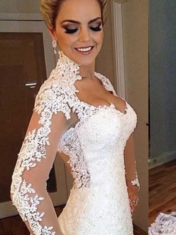 Mermaid V-Neck Lace Long Sleeve Train Wedding Dress - Chloe Dress