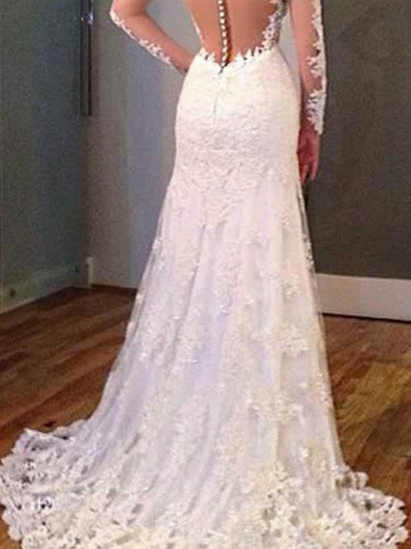 Mermaid V-Neck Lace Long Sleeve Train Wedding Dress - Chloe Dress