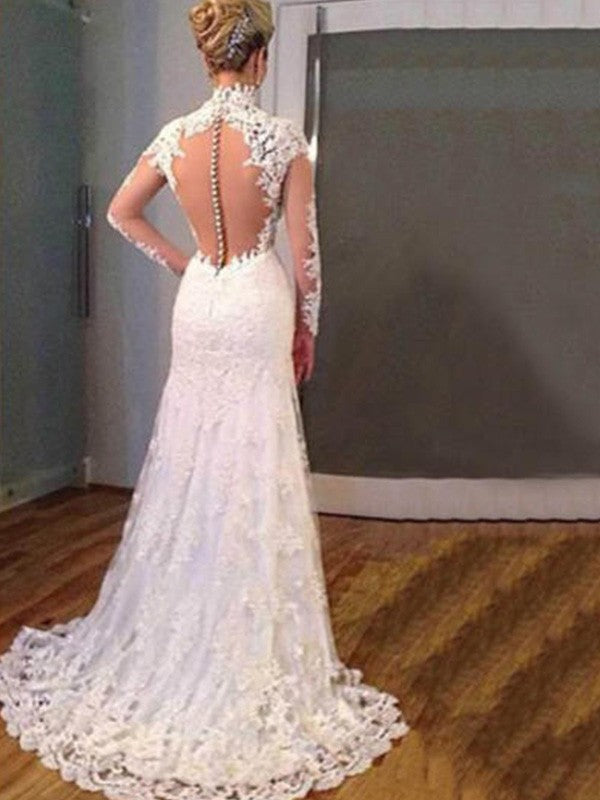 Mermaid V-Neck Lace Long Sleeve Train Wedding Dress - Chloe Dress