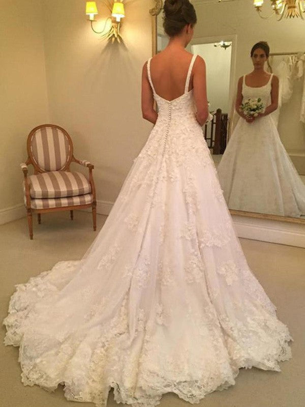 A-Line Square Neck Lace Sleeveless Train Wedding Dress - Chloe Dress