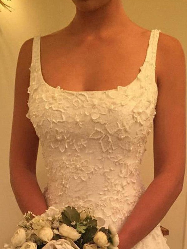 A-Line Square Neck Lace Sleeveless Train Wedding Dress - Chloe Dress
