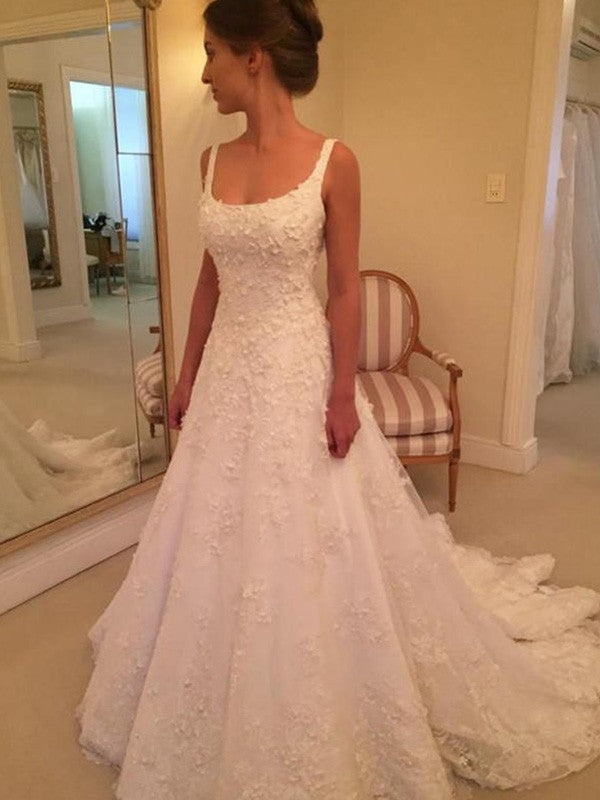 A-Line Square Neck Lace Sleeveless Train Wedding Dress - Chloe Dress