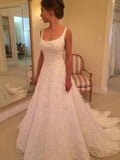 A-Line Square Neck Lace Sleeveless Train Wedding Dress - Chloe Dress