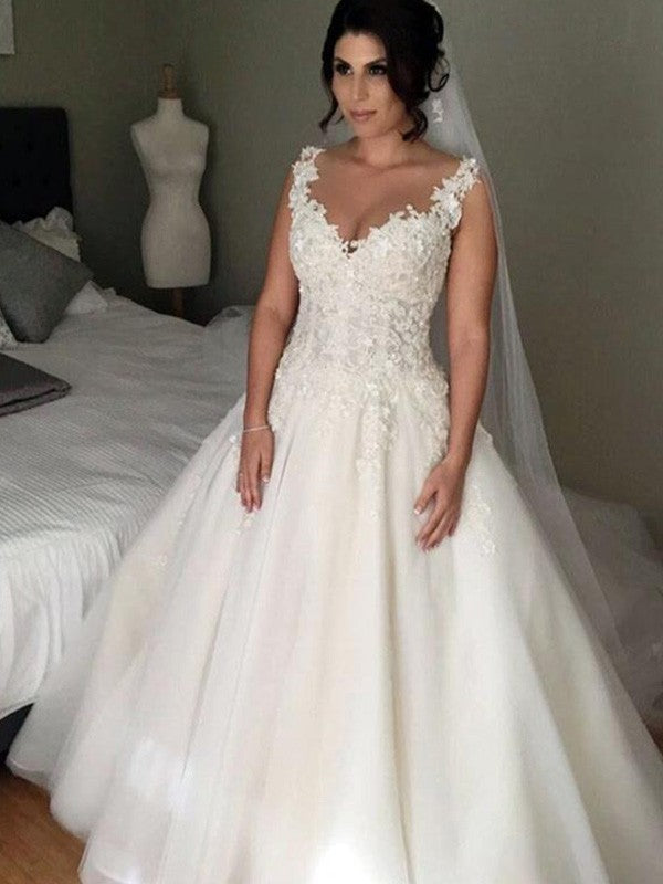 Ball Gown V-Neck Tulle Sleeveless Train Wedding Gown - Chloe Dress