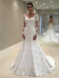 Mermaid V-Neck Lace Long Sleeve Train Wedding Dress - Chloe Dress