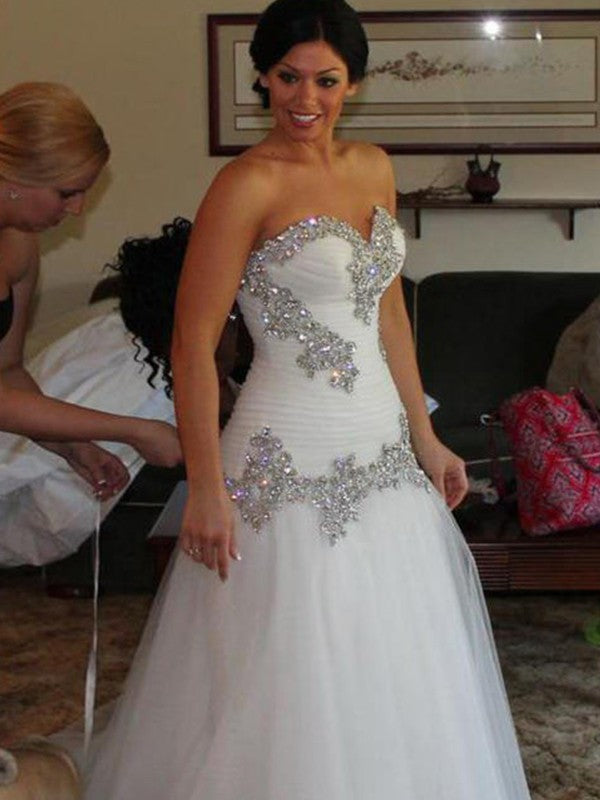 A-Line Sweetheart Tulle Sleeveless Rhinestone Floor-Length Wedding Dress - Chloe Dress