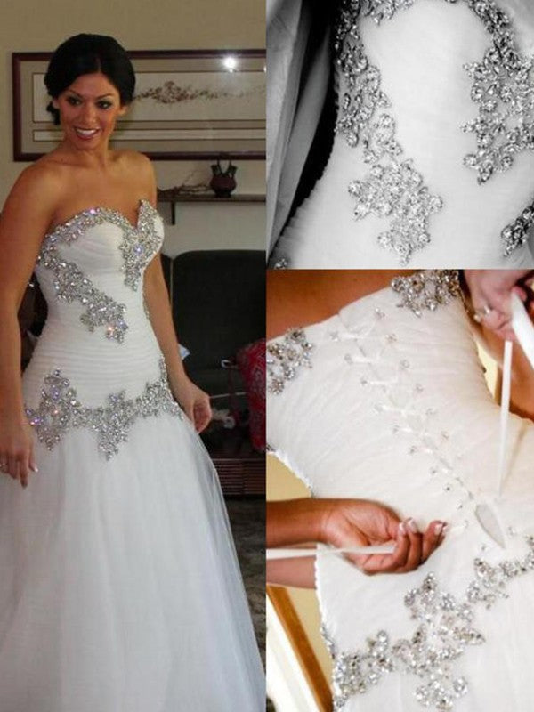 A-Line Sweetheart Tulle Sleeveless Rhinestone Floor-Length Wedding Dress - Chloe Dress