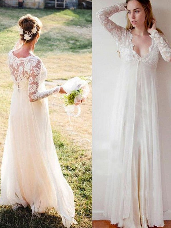 Empire Waist V-Neck Chiffon Long Sleeve Floor-Length Wedding Dress - Chloe Dress